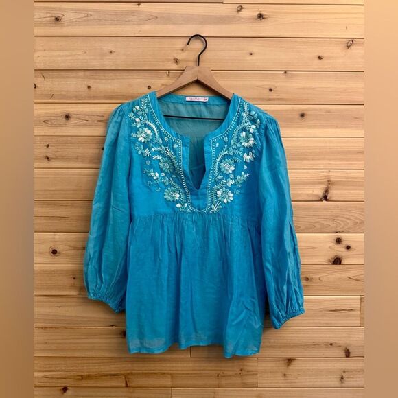Calypso Christine Celle Size XSmall Cotton Silk Blend Boho Embroidered Blouse - Picture 1 of 12